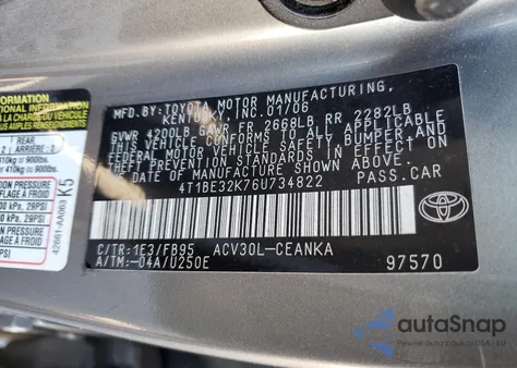 2006 Toyota Camry Le из США, поврежденный, VIN 4T1BE32K76U734822